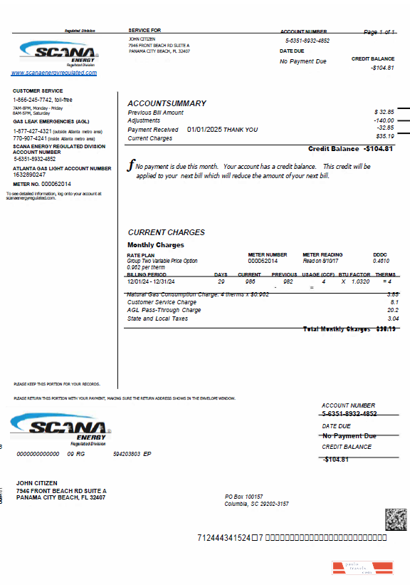 USA SCANA Energy utility bill template in Word and PDF formats
